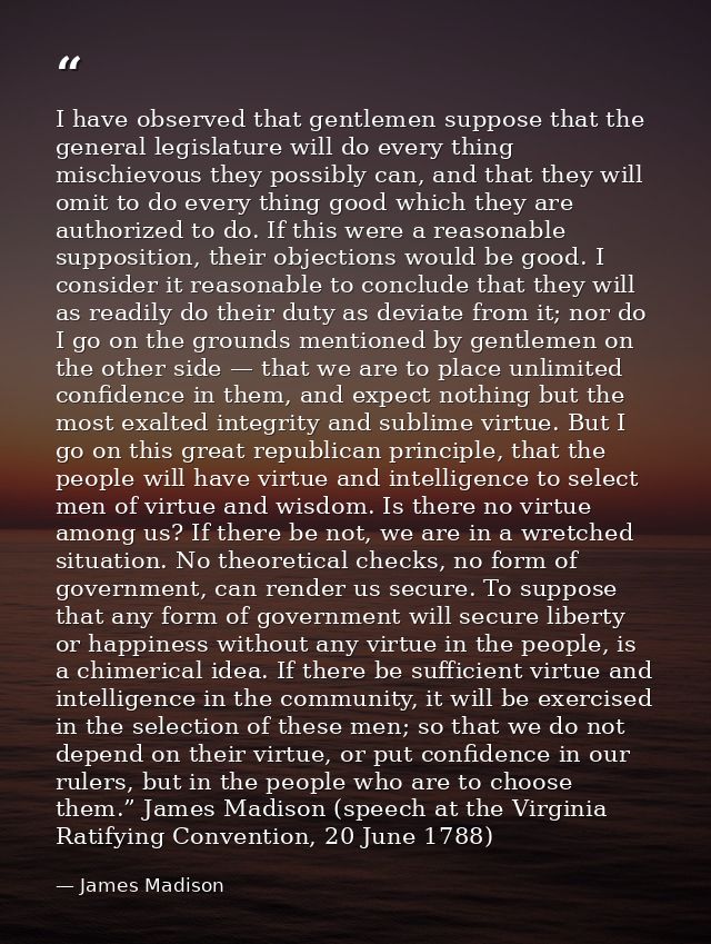I have observed that gentlemen suppose that the general legislature will do every thing mischievous they possibly can, a — James Madison