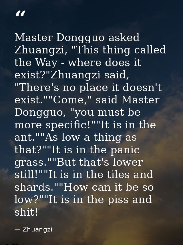Master Dongguo asked Zhuangzi, "This thing called the Way - where does it exist?"Zhuangzi said, "There's no place it doe — Zhuangzi