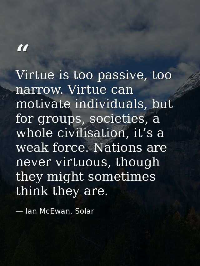 Virtue is too passive, too narrow. Virtue can motivate individuals, but for groups, societies, a whole civilisation, it’ — Ian McEwan, Solar