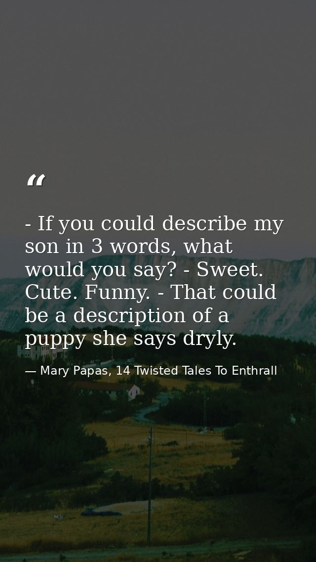 - If you could describe my son in 3 words, what would you say? - Sweet. Cute. Funny. - That could be a description of a  — Mary Papas, 14 Twisted Tales To Enthrall