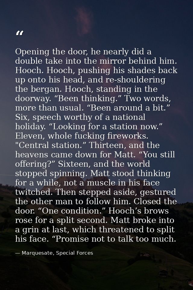 Opening the door, he nearly did a double take into the mirror behind him. Hooch. Hooch, pushing his shades back up onto  — Marquesate, Special Forces