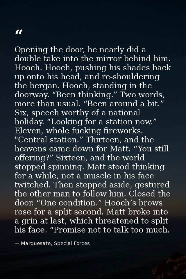 Opening the door, he nearly did a double take into the mirror behind him. Hooch. Hooch, pushing his shades back up onto  — Marquesate, Special Forces