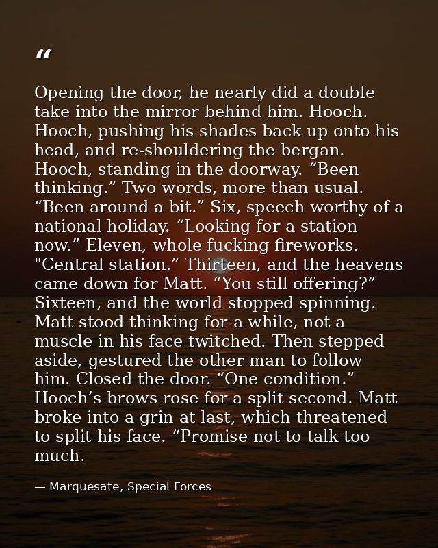 Opening the door, he nearly did a double take into the mirror behind him. Hooch. Hooch, pushing his shades back up onto  — Marquesate, Special Forces