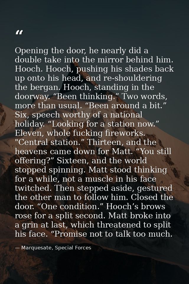 Opening the door, he nearly did a double take into the mirror behind him. Hooch. Hooch, pushing his shades back up onto  — Marquesate, Special Forces