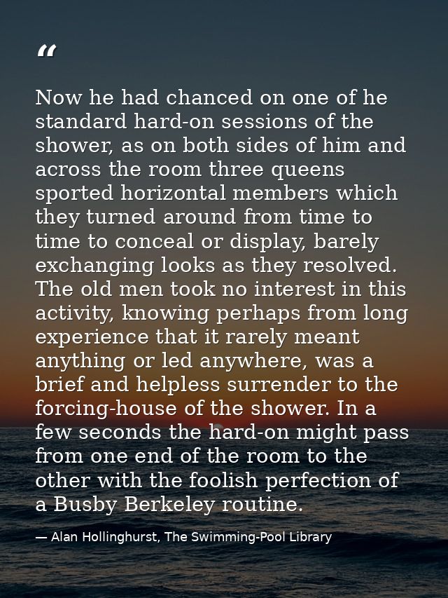 Now he had chanced on one of he standard hard-on sessions of the shower, as on both sides of him and across the room thr — Alan Hollinghurst, The Swimming-Pool Library
