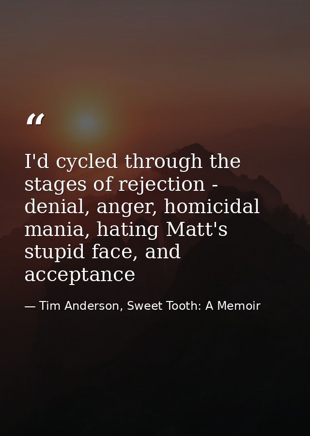 I'd cycled through the stages of rejection - denial, anger, homicidal mania, hating Matt's stupid face, and acceptance — Tim Anderson, Sweet Tooth: A Memoir