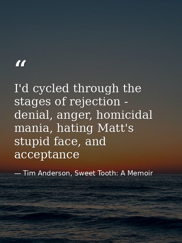 I'd cycled through the stages of rejection - denial, anger, homicidal mania, hating Matt's stupid face, and acceptance — Tim Anderson, Sweet Tooth: A Memoir