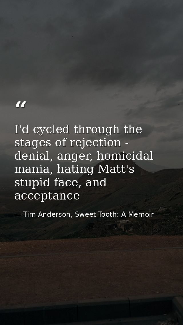 I'd cycled through the stages of rejection - denial, anger, homicidal mania, hating Matt's stupid face, and acceptance — Tim Anderson, Sweet Tooth: A Memoir