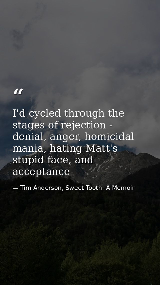 I'd cycled through the stages of rejection - denial, anger, homicidal mania, hating Matt's stupid face, and acceptance — Tim Anderson, Sweet Tooth: A Memoir