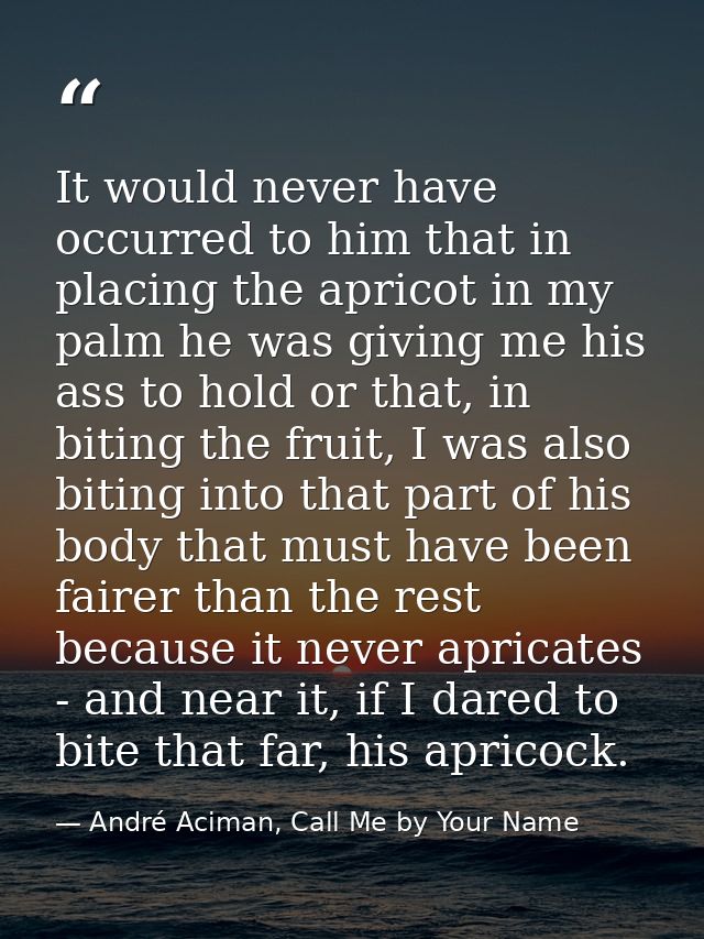 It would never have occurred to him that in placing the apricot in my palm he was giving me his ass to hold or that, in  — André Aciman, Call Me by Your Name