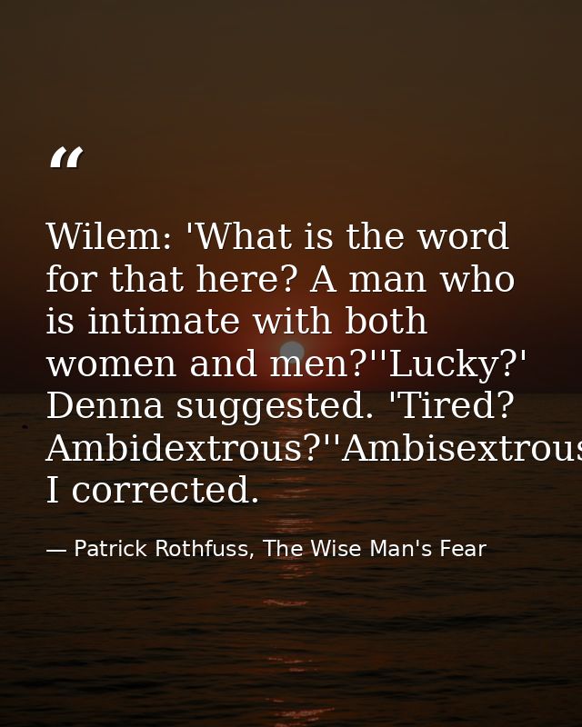 Wilem: 'What is the word for that here? A man who is intimate with both women and men?''Lucky?' Denna suggested. 'Tired? — Patrick Rothfuss, The Wise Man's Fear