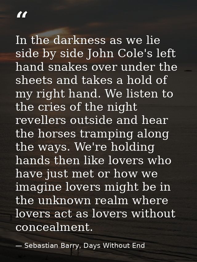 In the darkness as we lie side by side John Cole's left hand snakes over under the sheets and takes a hold of my right h — Sebastian Barry, Days Without End