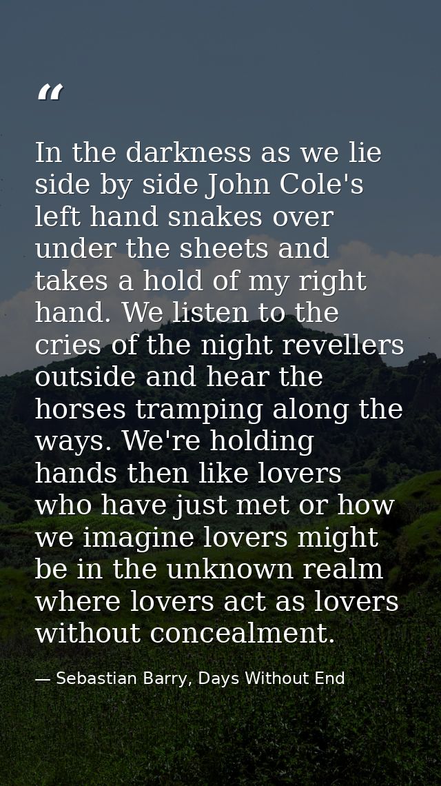 In the darkness as we lie side by side John Cole's left hand snakes over under the sheets and takes a hold of my right h — Sebastian Barry, Days Without End