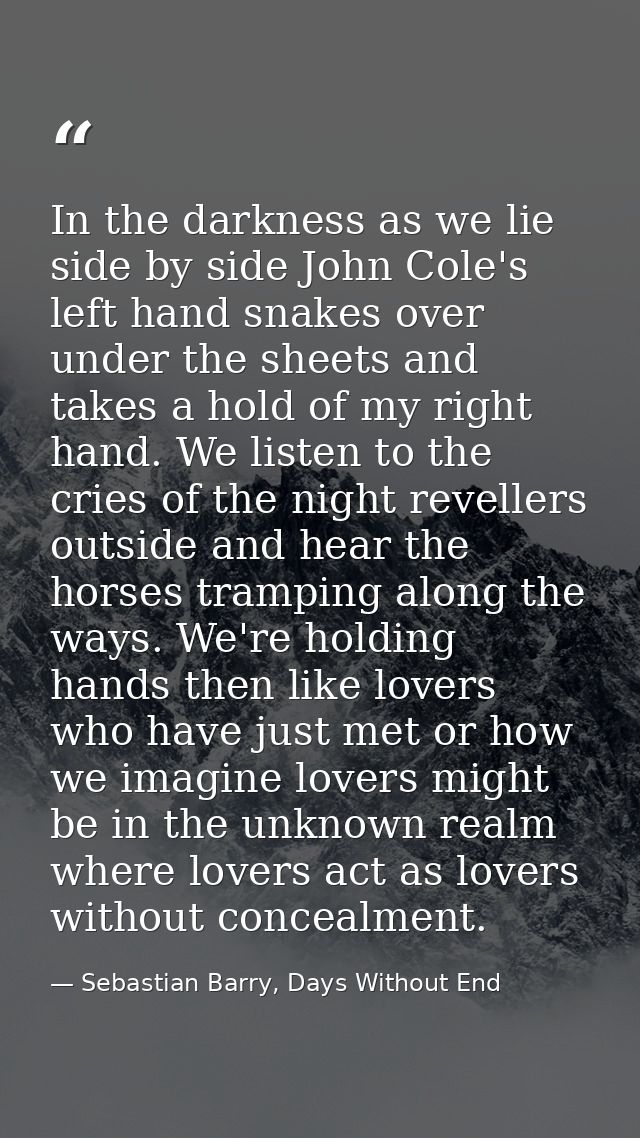 In the darkness as we lie side by side John Cole's left hand snakes over under the sheets and takes a hold of my right h — Sebastian Barry, Days Without End