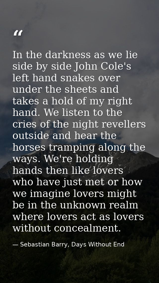 In the darkness as we lie side by side John Cole's left hand snakes over under the sheets and takes a hold of my right h — Sebastian Barry, Days Without End