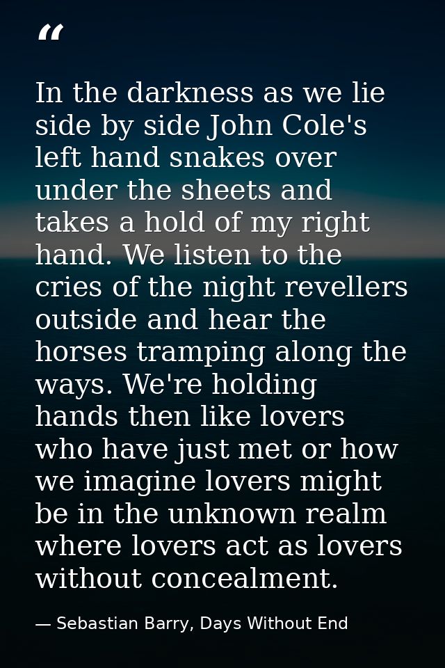 In the darkness as we lie side by side John Cole's left hand snakes over under the sheets and takes a hold of my right h — Sebastian Barry, Days Without End