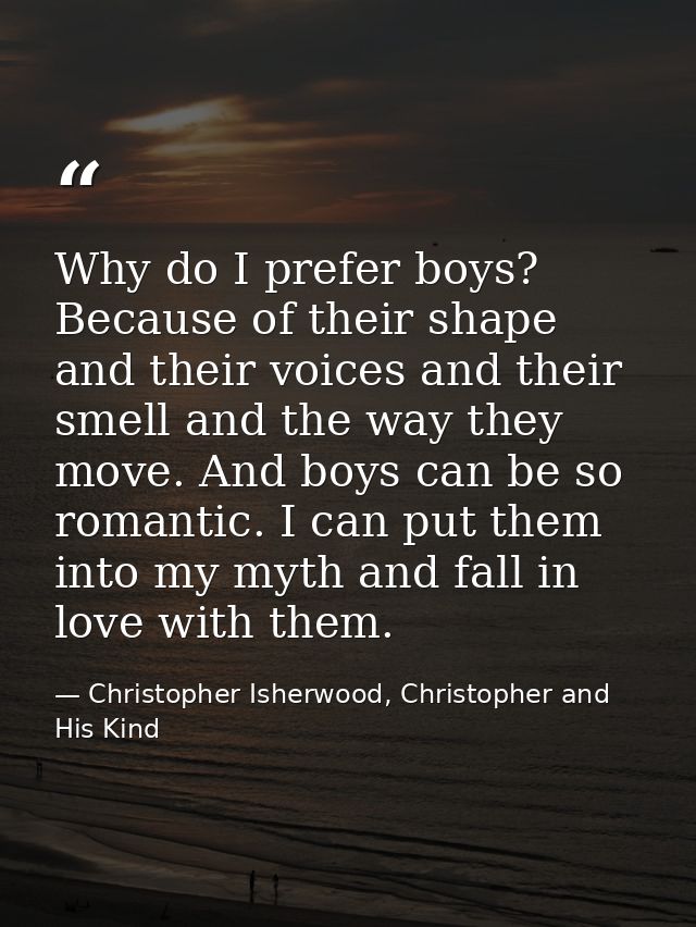 Why do I prefer boys? Because of their shape and their voices and their smell and the way they move. And boys can be so  — Christopher Isherwood, Christopher and His Kind