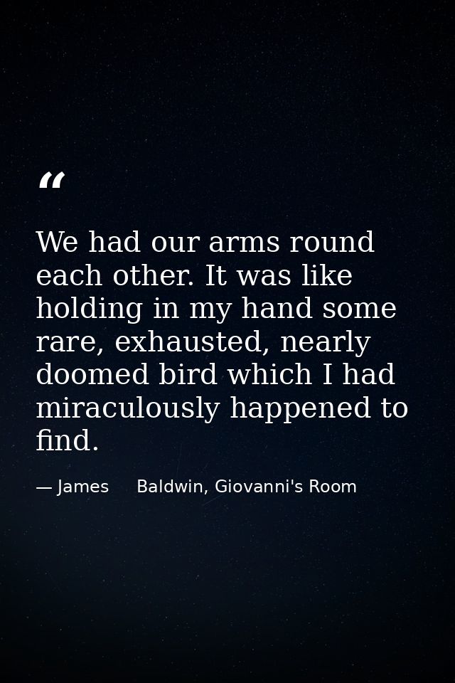 We had our arms round each other. It was like holding in my hand some rare, exhausted, nearly doomed bird which I had mi — James     Baldwin, Giovanni's Room