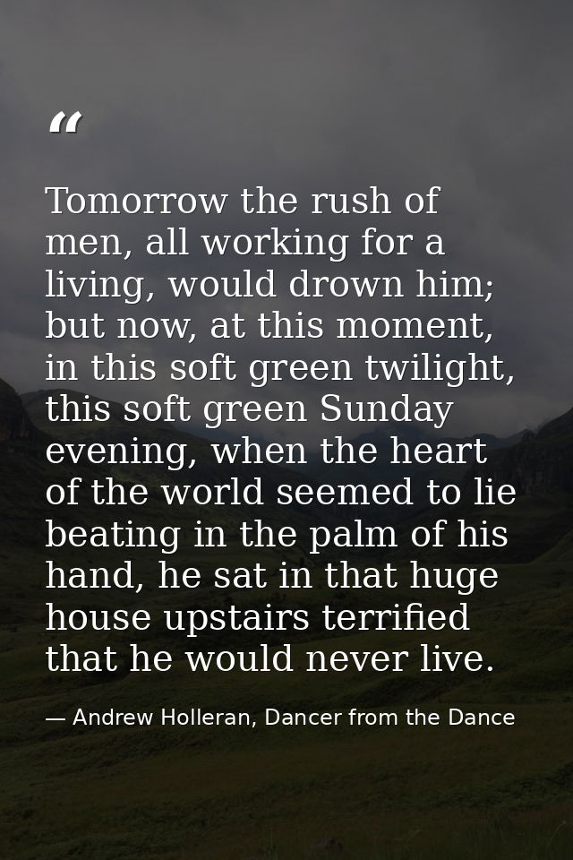 Tomorrow the rush of men, all working for a living, would drown him; but now, at this moment, in this soft green twiligh — Andrew Holleran, Dancer from the Dance
