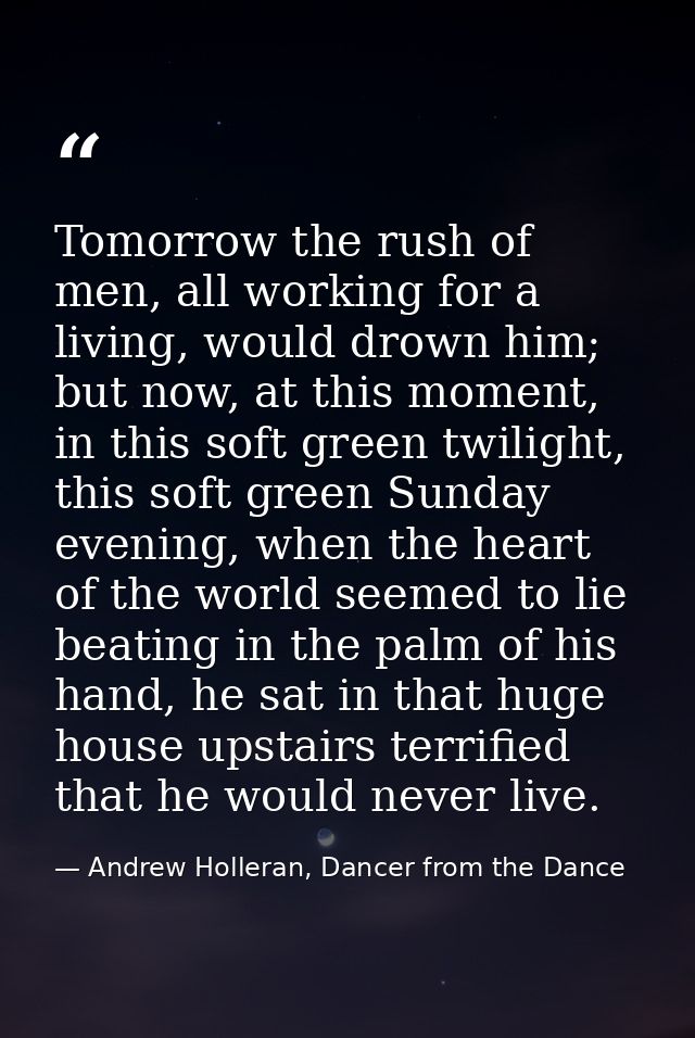 Tomorrow the rush of men, all working for a living, would drown him; but now, at this moment, in this soft green twiligh — Andrew Holleran, Dancer from the Dance