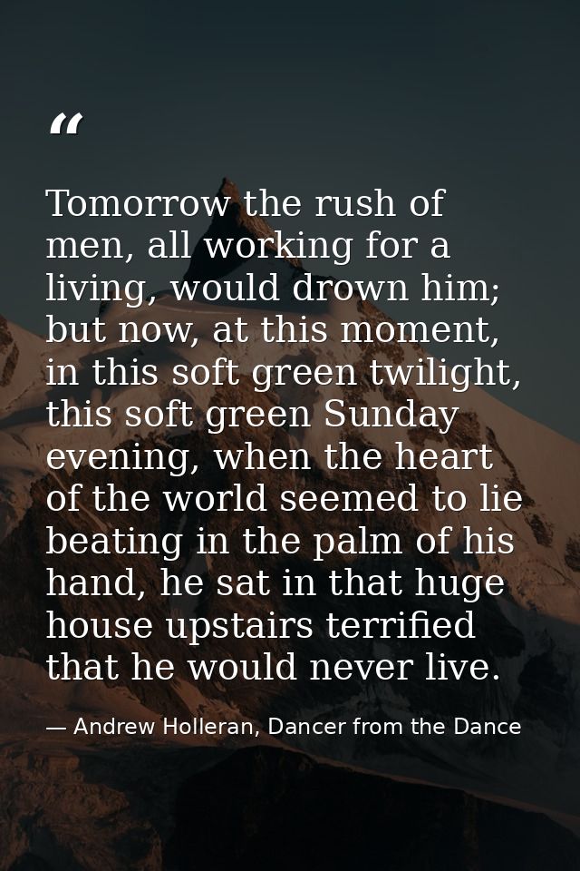 Tomorrow the rush of men, all working for a living, would drown him; but now, at this moment, in this soft green twiligh — Andrew Holleran, Dancer from the Dance