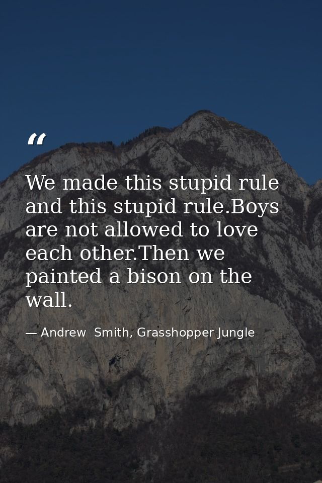 We made this stupid rule and this stupid rule.Boys are not allowed to love each other.Then we painted a bison on the wal — Andrew  Smith, Grasshopper Jungle