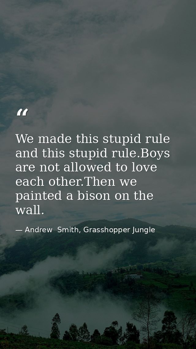 We made this stupid rule and this stupid rule.Boys are not allowed to love each other.Then we painted a bison on the wal — Andrew  Smith, Grasshopper Jungle