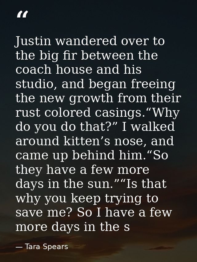 Justin wandered over to the big fir between the coach house and his studio, and began freeing the new growth from their  — Tara Spears