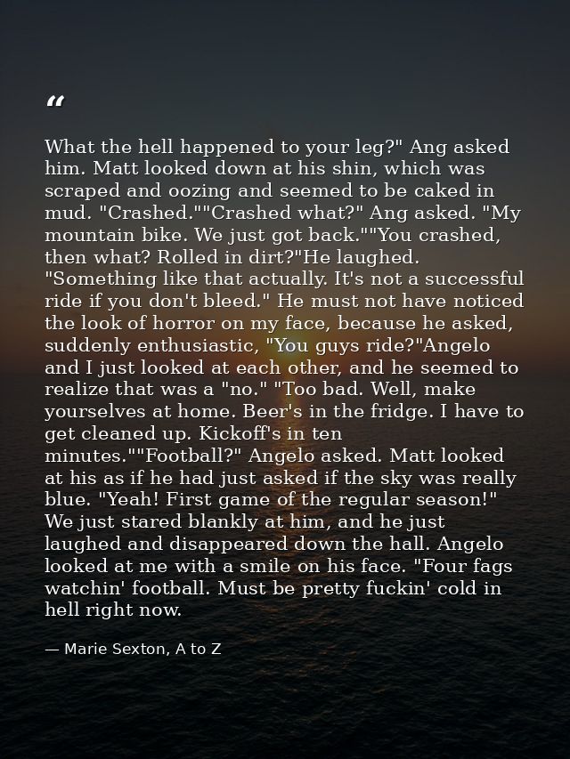What the hell happened to your leg?" Ang asked him. Matt looked down at his shin, which was scraped and oozing and seeme — Marie Sexton, A to Z
