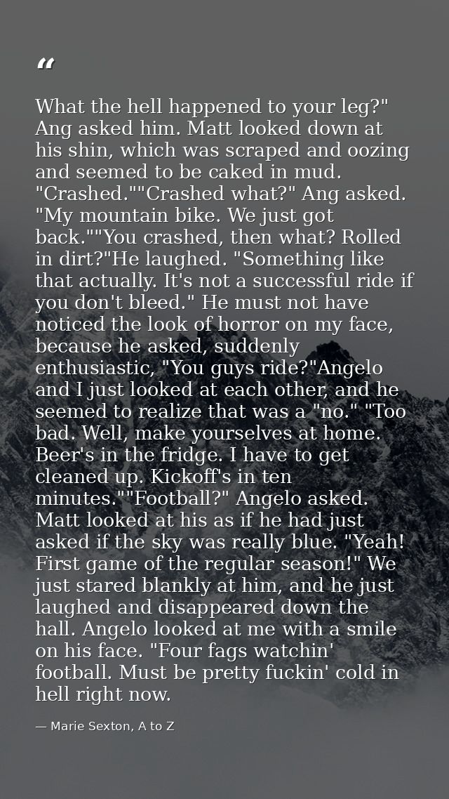 What the hell happened to your leg?" Ang asked him. Matt looked down at his shin, which was scraped and oozing and seeme — Marie Sexton, A to Z