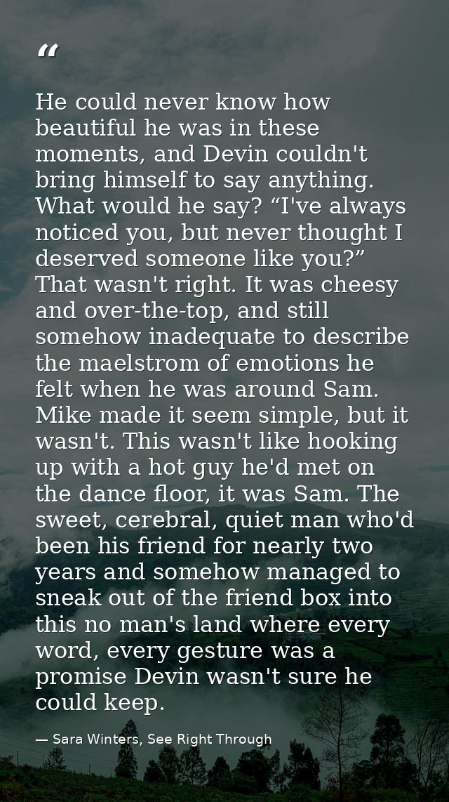 He could never know how beautiful he was in these moments, and Devin couldn't bring himself to say anything. What would  — Sara Winters, See Right Through