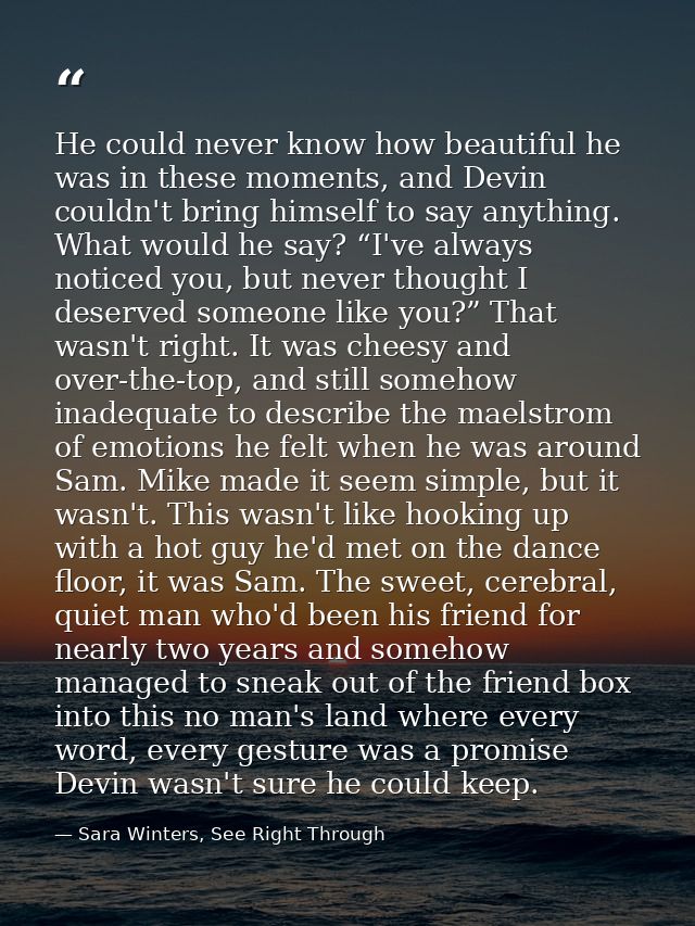 He could never know how beautiful he was in these moments, and Devin couldn't bring himself to say anything. What would  — Sara Winters, See Right Through