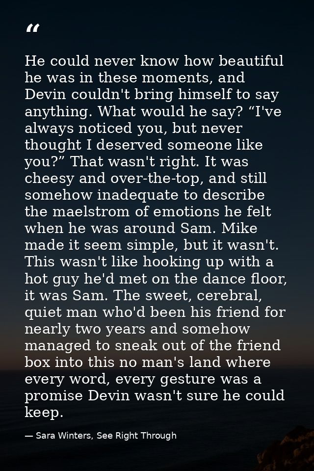 He could never know how beautiful he was in these moments, and Devin couldn't bring himself to say anything. What would  — Sara Winters, See Right Through