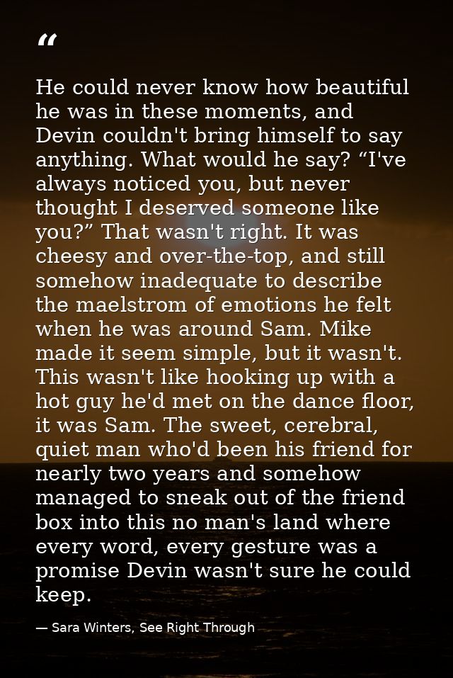 He could never know how beautiful he was in these moments, and Devin couldn't bring himself to say anything. What would  — Sara Winters, See Right Through