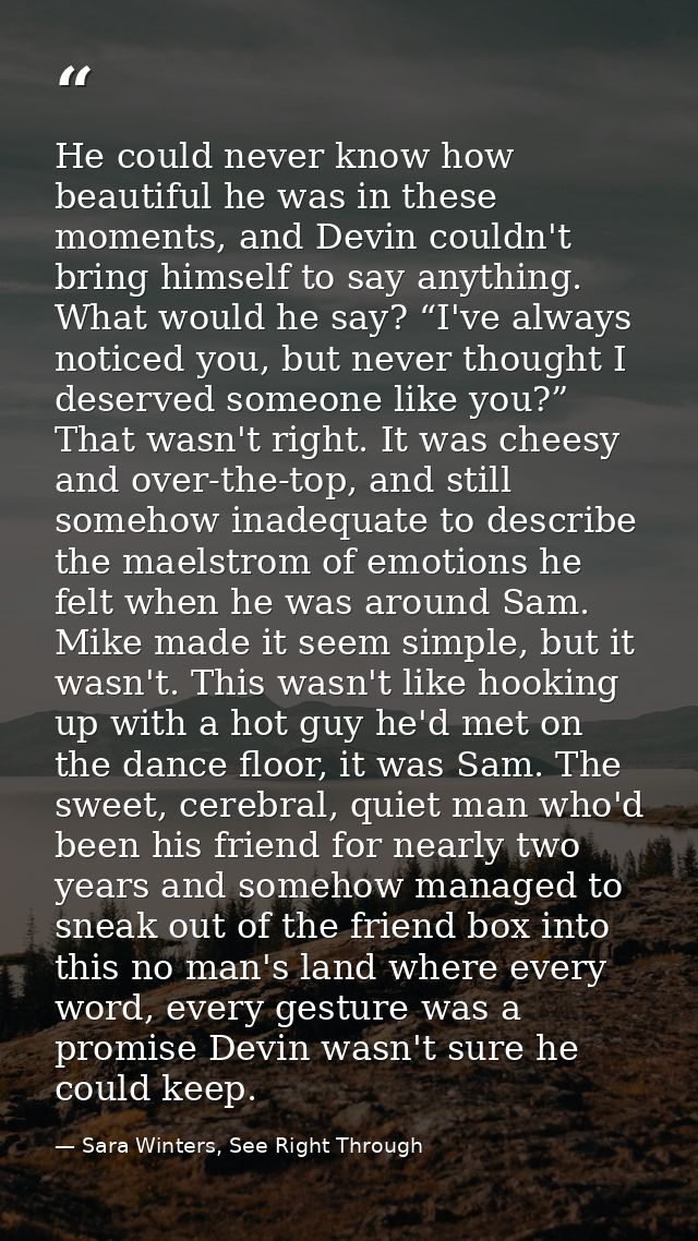 He could never know how beautiful he was in these moments, and Devin couldn't bring himself to say anything. What would  — Sara Winters, See Right Through