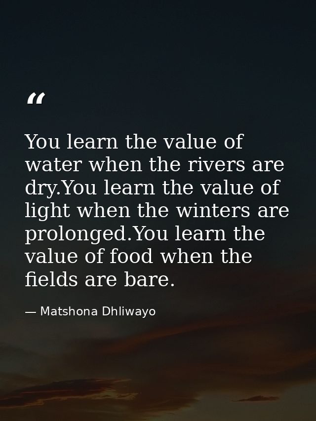 You learn the value of water when the rivers are dry.You learn the value of light when the winters are prolonged.You lea — Matshona Dhliwayo