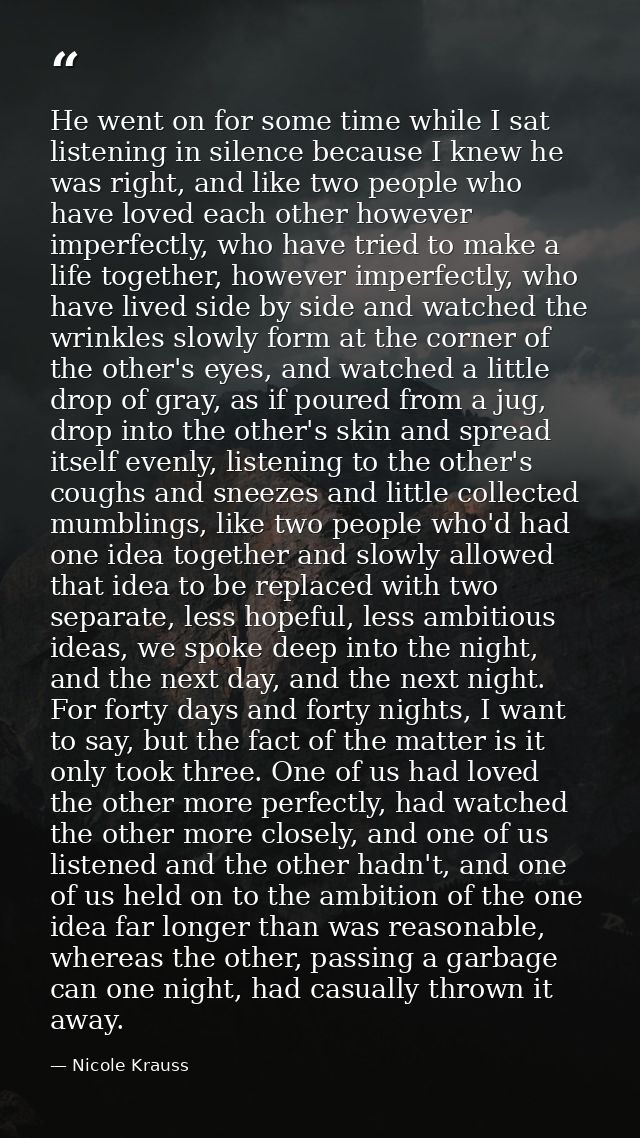 He went on for some time while I sat listening in silence because I knew he was right, and like two people who have love — Nicole Krauss