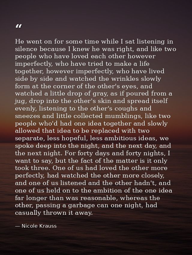 He went on for some time while I sat listening in silence because I knew he was right, and like two people who have love — Nicole Krauss