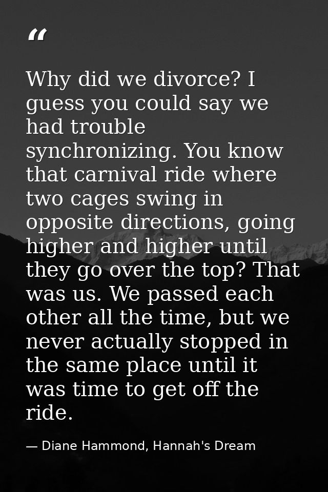 Why did we divorce? I guess you could say we had trouble synchronizing. You know that carnival ride where two cages swin — Diane Hammond, Hannah's Dream