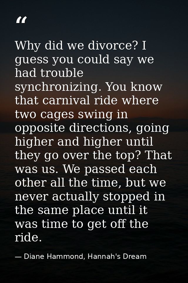 Why did we divorce? I guess you could say we had trouble synchronizing. You know that carnival ride where two cages swin — Diane Hammond, Hannah's Dream