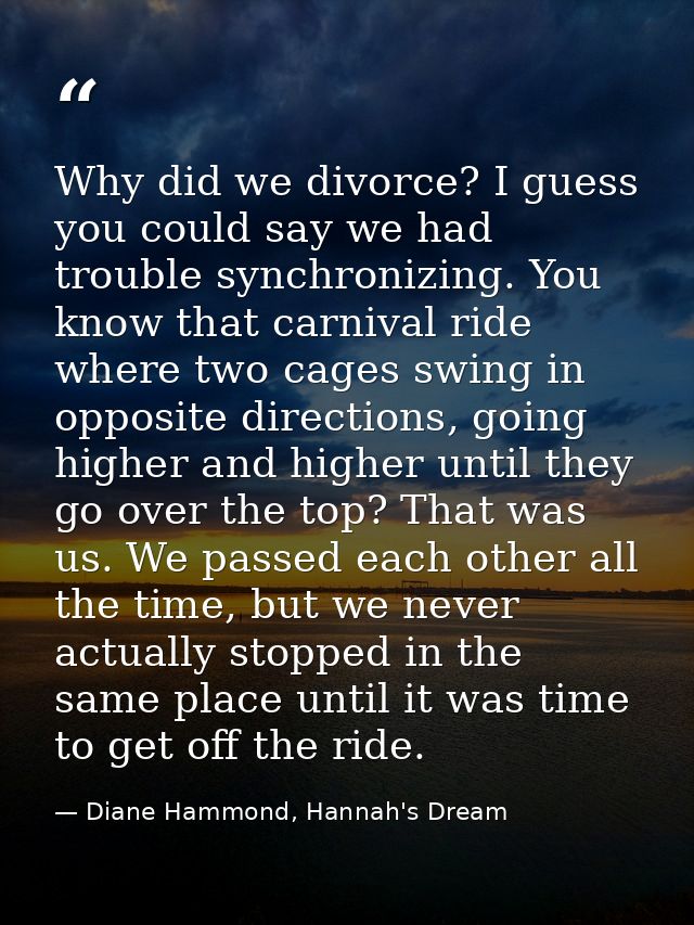 Why did we divorce? I guess you could say we had trouble synchronizing. You know that carnival ride where two cages swin — Diane Hammond, Hannah's Dream