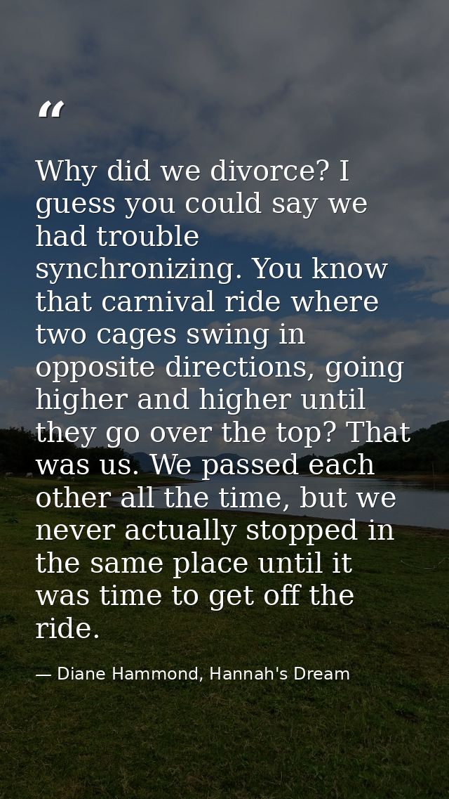 Why did we divorce? I guess you could say we had trouble synchronizing. You know that carnival ride where two cages swin — Diane Hammond, Hannah's Dream