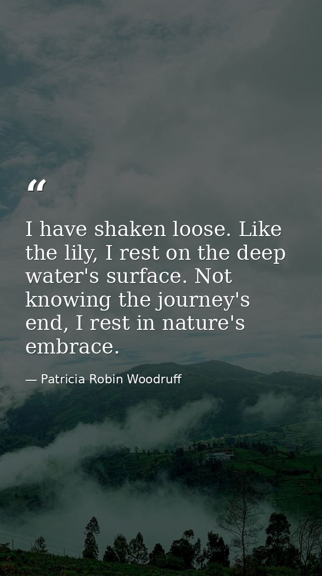 I have shaken loose. Like the lily, I rest on the deep water's surface. Not knowing the journey's end, I rest in nature' — Patricia Robin Woodruff