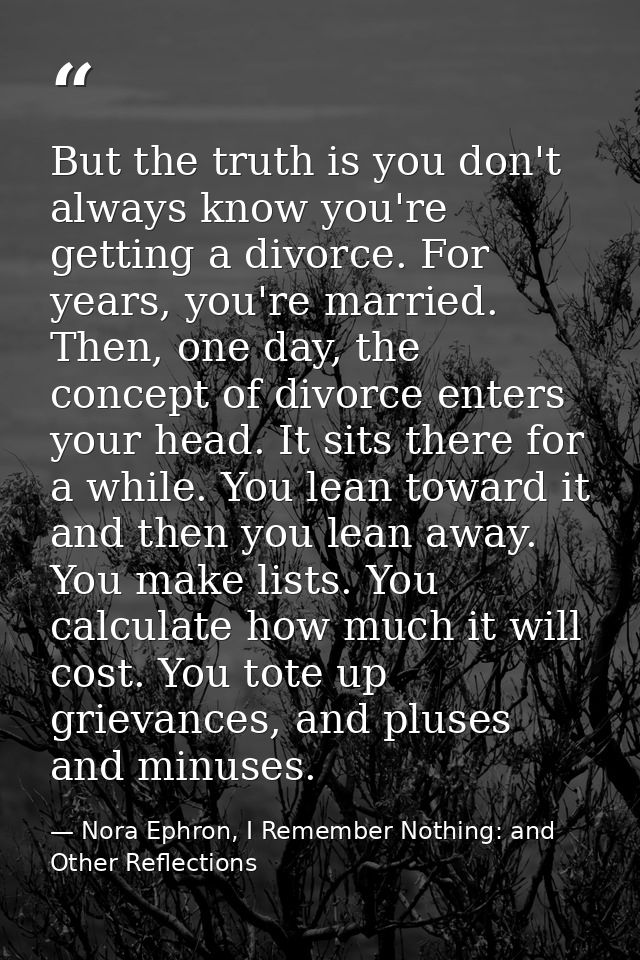 But the truth is you don't always know you're getting a divorce. For years, you're married. Then, one day, the concept o — Nora Ephron, I Remember Nothing: and Other Reflections