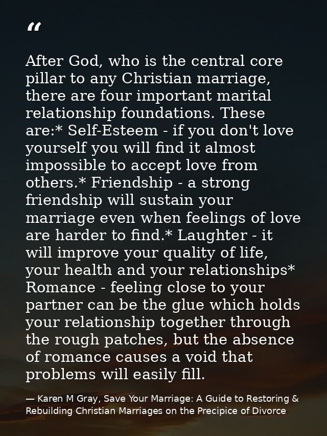 After God, who is the central core pillar to any Christian marriage, there are four important marital relationship found — Karen M Gray, Save Your Marriage: A Guide to Restoring & Rebuilding Christian Marriages on the Precipice of Divorce