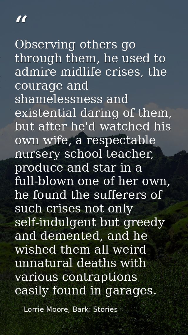 Observing others go through them, he used to admire midlife crises, the courage and shamelessness and existential daring — Lorrie Moore, Bark: Stories