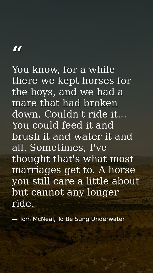 You know, for a while there we kept horses for the boys, and we had a mare that had broken down. Couldn't ride it... You — Tom McNeal, To Be Sung Underwater