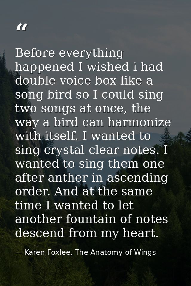 Before everything happened I wished i had double voice box like a song bird so I could sing two songs at once, the way a — Karen Foxlee, The Anatomy of Wings