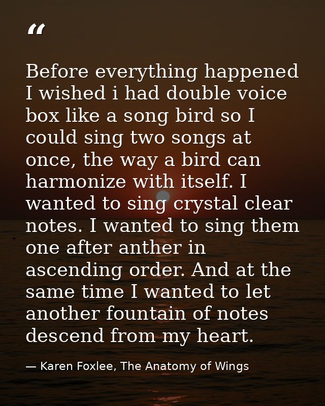 Before everything happened I wished i had double voice box like a song bird so I could sing two songs at once, the way a — Karen Foxlee, The Anatomy of Wings
