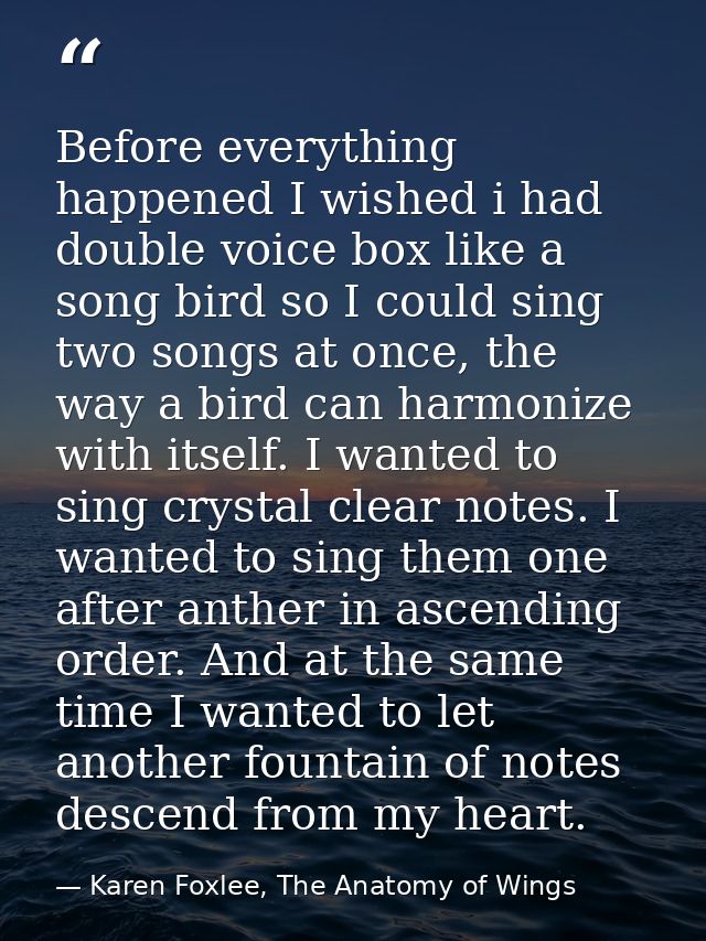 Before everything happened I wished i had double voice box like a song bird so I could sing two songs at once, the way a — Karen Foxlee, The Anatomy of Wings